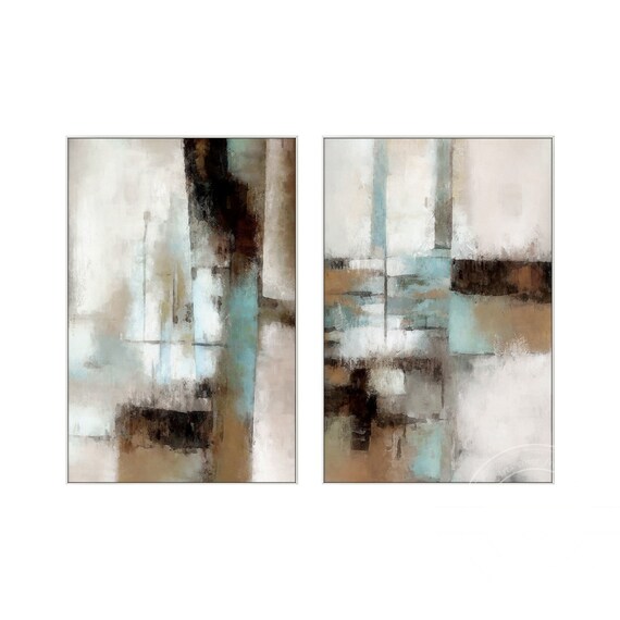 Set of 2 Pieces Abstract Blue Black Brown Canvas Painting Acrylic