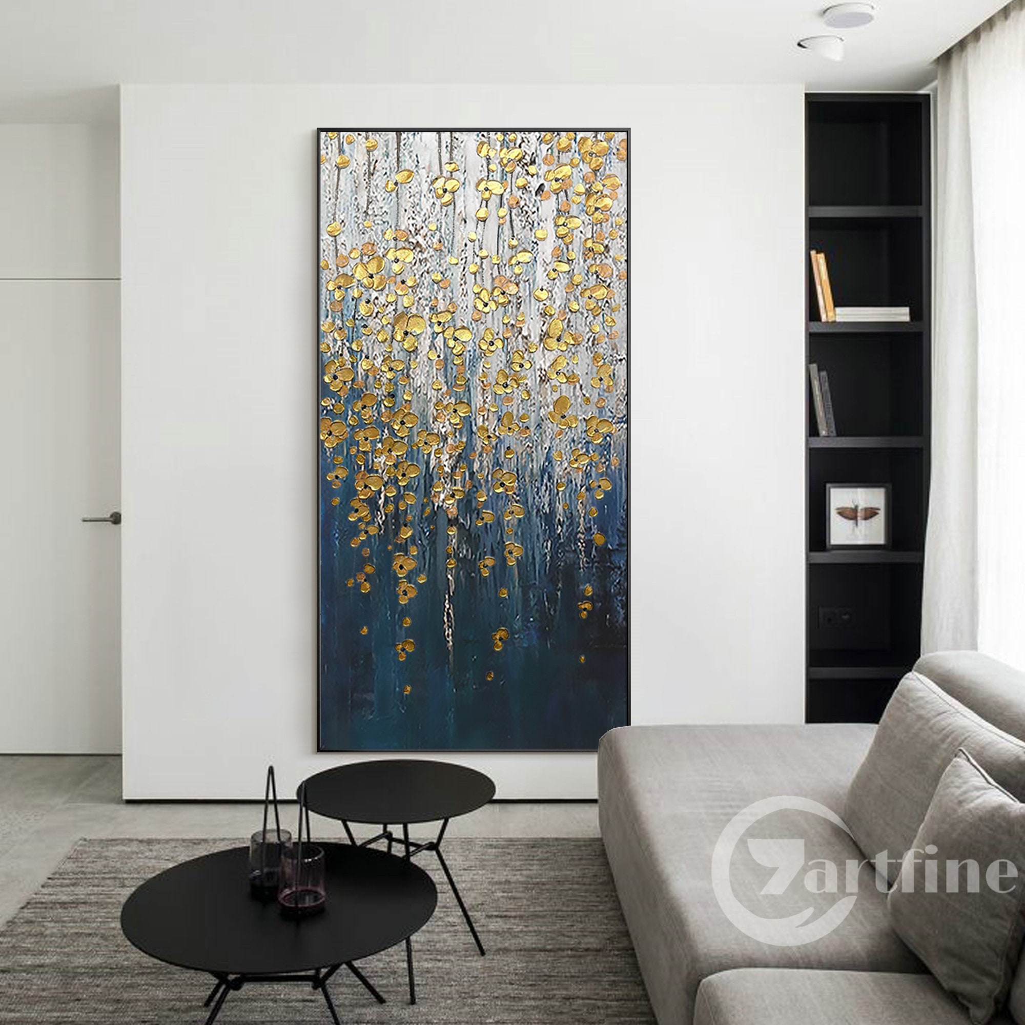 Navy Blue Gold Flower Wall Art Abstract 3D Textured Wall Art Extra ...