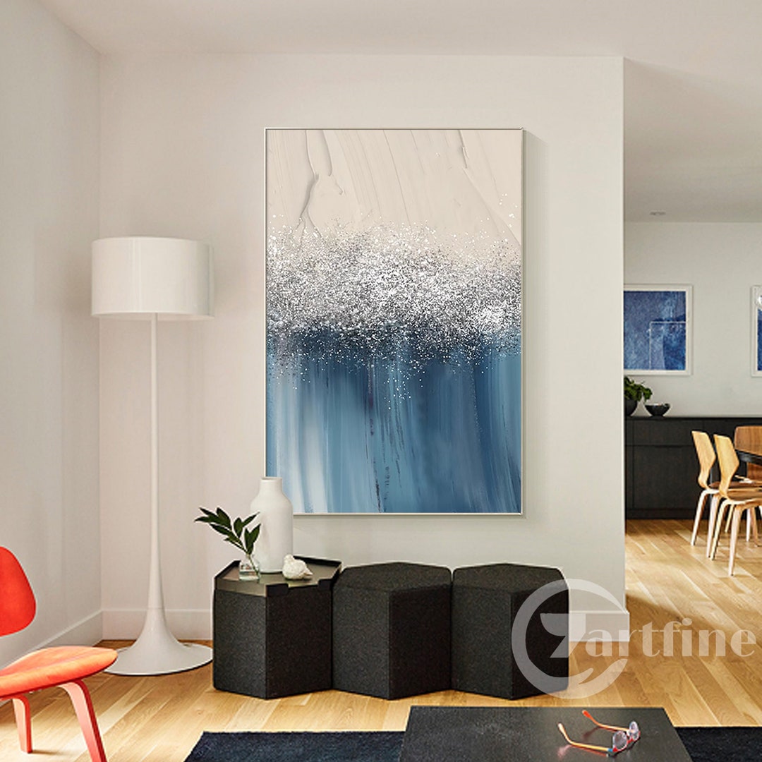 Abstract Blue Wall Art on Canvas Silver Wall Art Textured Painting