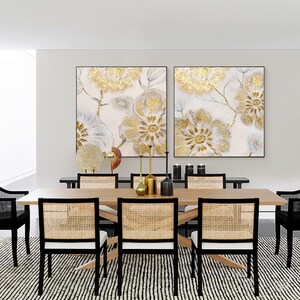 Set of 2 Abstract Gold Flower Wall Art 3D Textured Painting Framed Wall ...