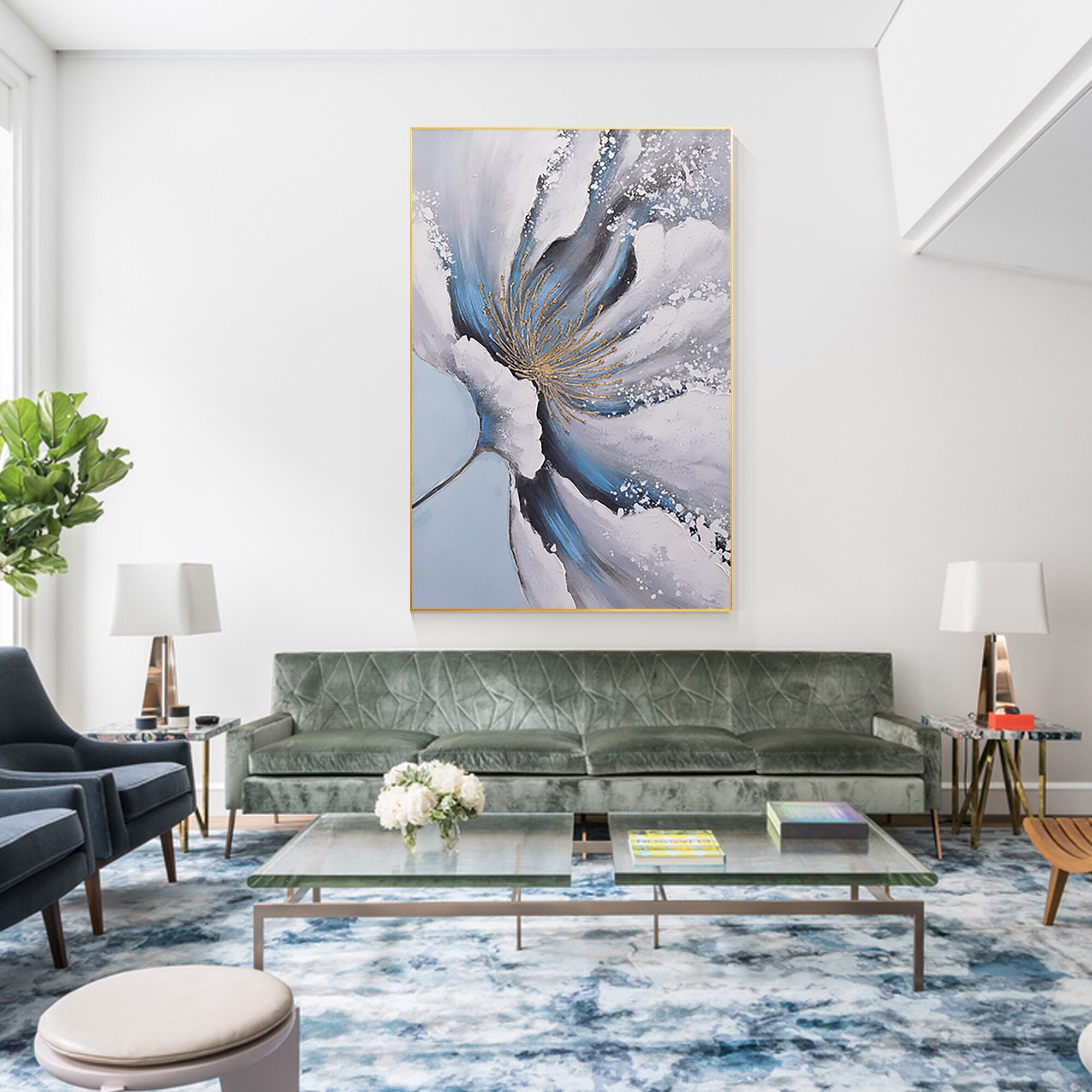 Blue Gold Abstract Textured Flower Wall Art Blooming Canvas Blue Gray ...