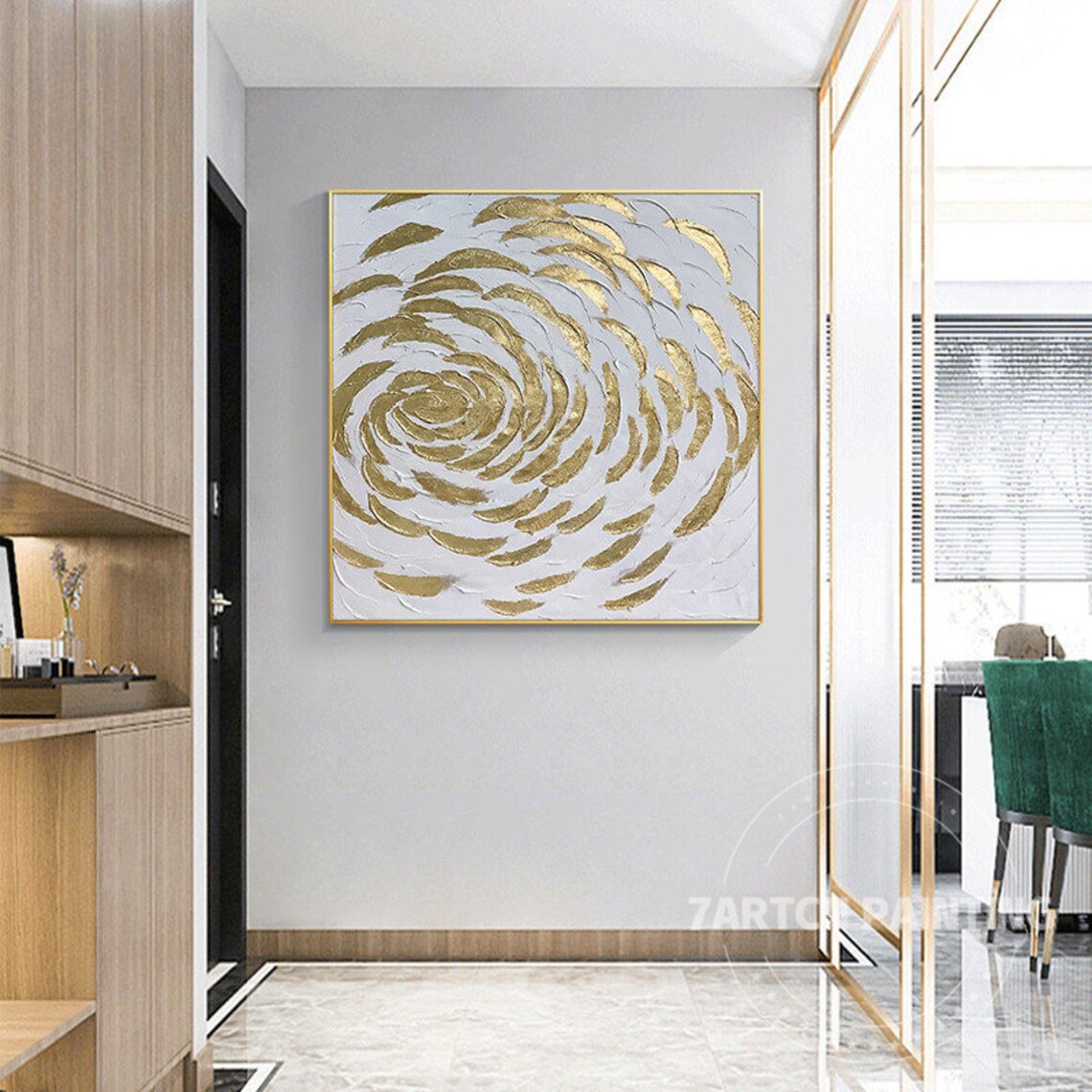 Framed Wall Art Modern Abstract Gold White Floral Hand Painted Canvas ...