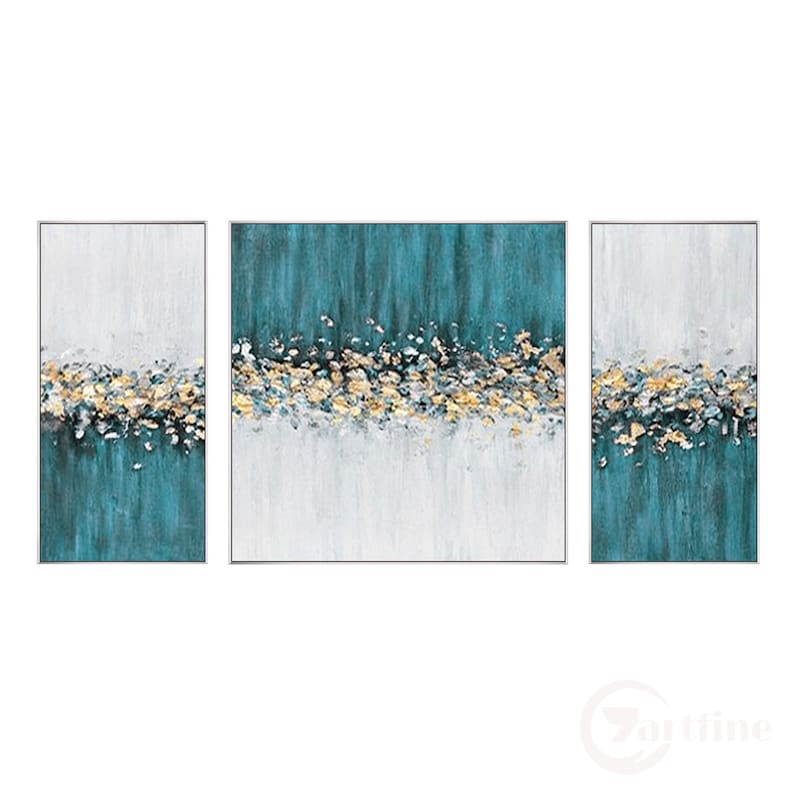 Blågrön och guld set med 3 abstrakta väggkonstmålningar texturerad väggkonst blommig canvastavla extra stor målning vardagsrumsinredning Silver frame