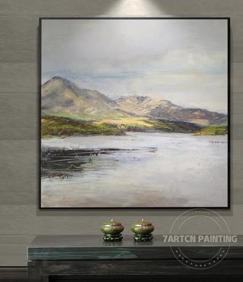 Sage Green and Grey Mountain Lake Wall Art Landscape Acrylic - Etsy