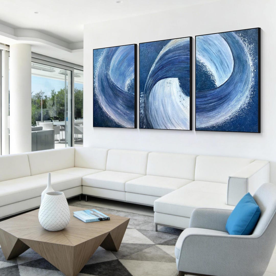 Textured Navy Blue Abstract Wall Art Set of 3 Canvas Painting Large ...