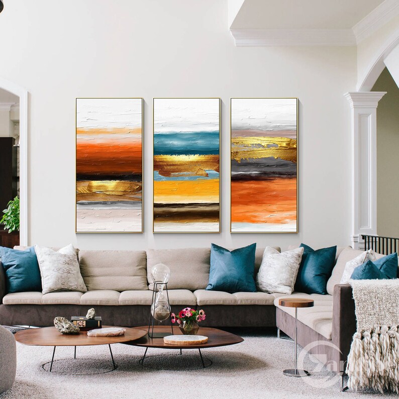 Set of 3 Pieces Orange Gold Wall Art Textured Abstract Wall Etsy