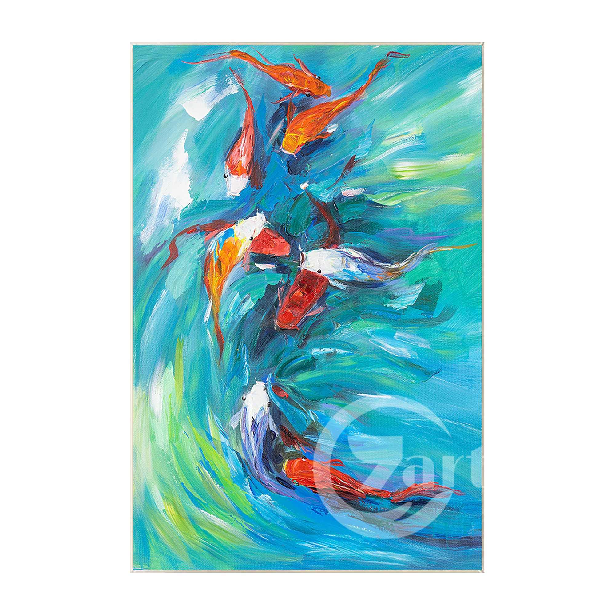 オリジナルのカラフルな鯉の絵、青い壁アート、風水魚の抽象的な壁