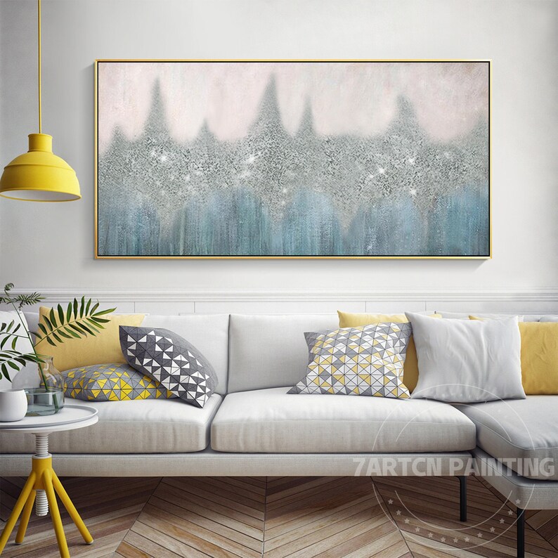 Silver Glitter Framed Wall Art Modern Abstract Blue Oil Etsy