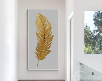 Gold Feather Extra large Abstract painting 3D Textured canvas Large Feather art painting ,Modern living room decor Custom Personalized Gift