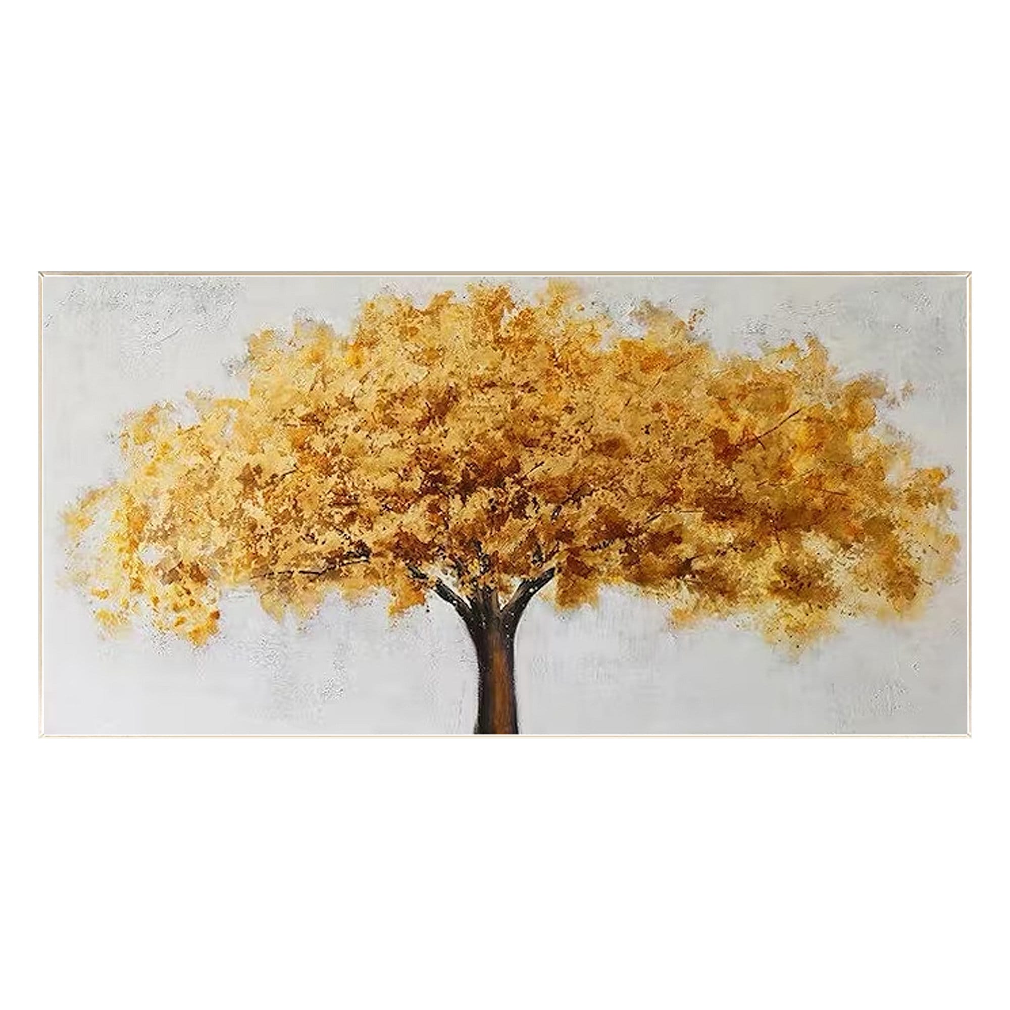 黄金の咲く木の抽象画 キャンバスに描かれた大きな木の塔 質感のある