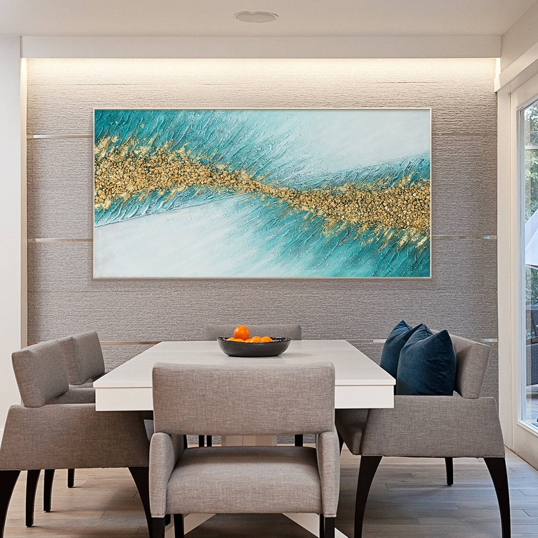 Abstract Turquoise Gold Wall Art Original Sandy Painting Acrylic on Canvas Textured Painting