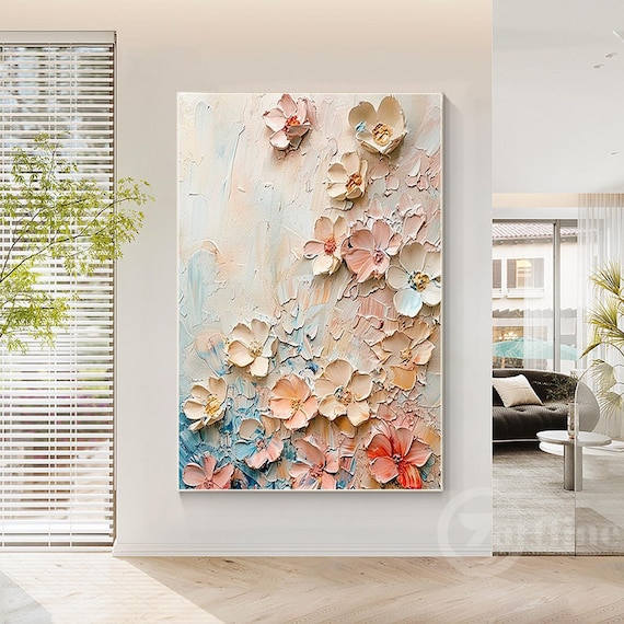 咲き誇るピンクの花の抽象画 テクスチャ加工 特大 3D 花柄 キャンバス