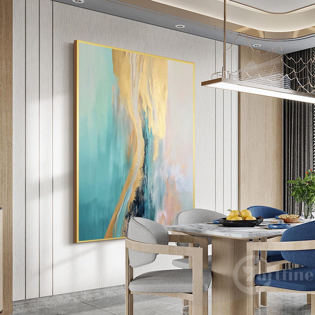 Teal Gold Abstract Canvas Wall Art Extra Large Wall Art Framed Modern ...