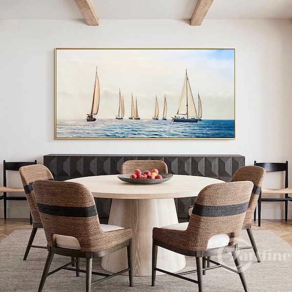 Abstract Sailboat wall art acrylic on canvas  Painting Modern Art Oil Painting Living Room blue ocean boat Wall Art Abstract Wall Art