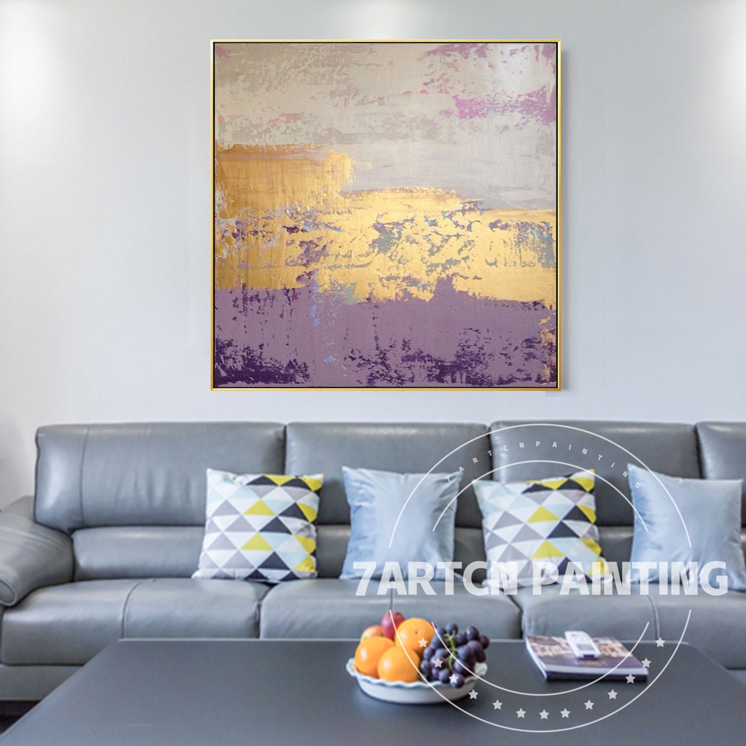 紫と金の抽象画 壁アート 額入り特大オリジナルキャンバス絵画 金の