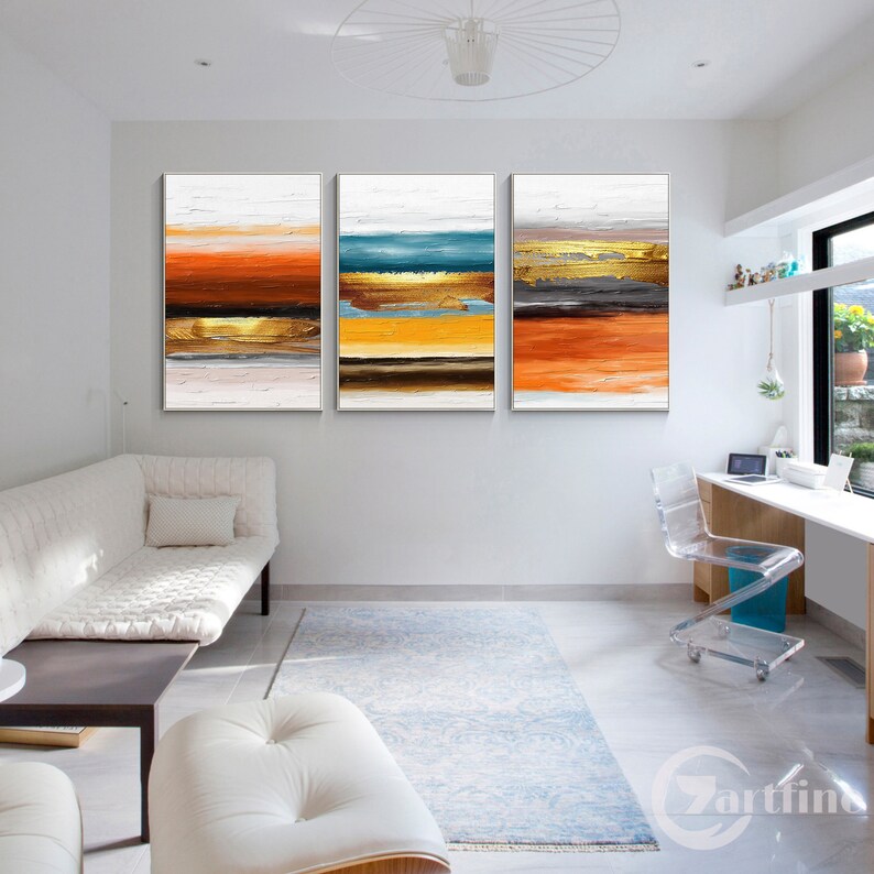 Set of 3 Pieces Orange Gold Wall Art Textured Abstract Wall Etsy