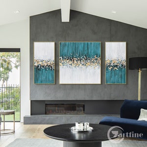 Triptych teal and gold floral textured wall art for living room design.