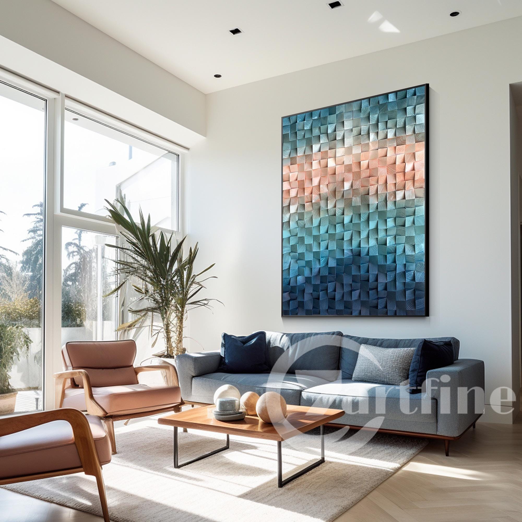 木製の抽象アート 壁掛け装飾 木製壁アート 抽象的 ブルー コーラル ピンク 絵画 木製モザイク