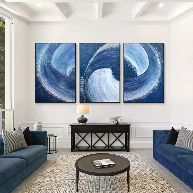 Textured Navy Blue Abstract Wall Art Set of 3 Canvas Painting Large ...