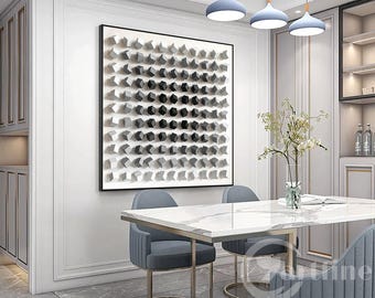 Quadro astratto in legno nero e grigio, mosaico geometrico di cubi in legno, grande decorazione minimalista per soggiorno e camera da letto.