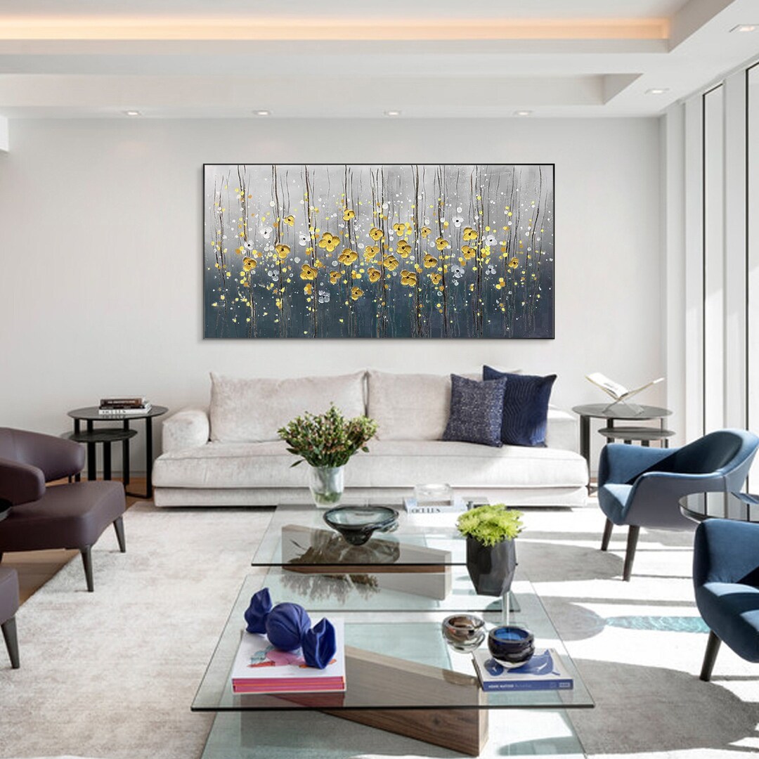 Navy Blue and Gold Flower Abstract Wall Art Floral Painting Long Wall ...