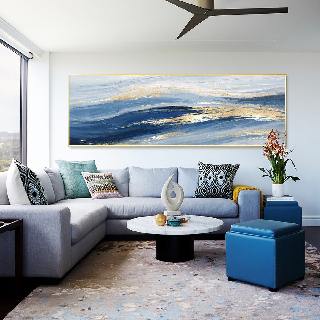 Abstract Navy Blue Gold Wall Art Acrylic on Canvas Painting Large Long ...