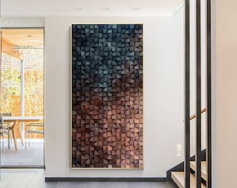 3D Wood Cube Wall Art: Brown & Blue Mosaic Sculpture