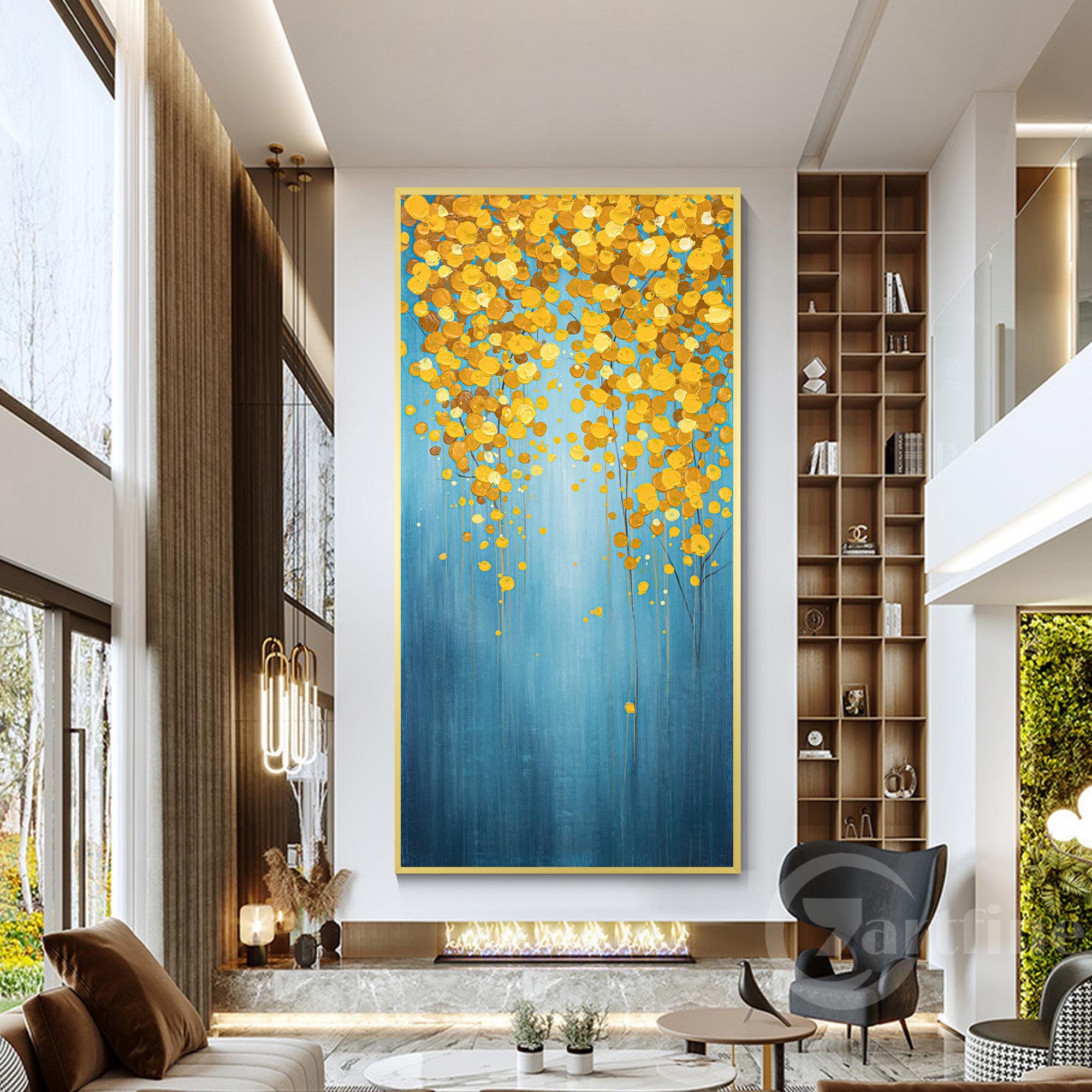Original Navy Blue Gold leaf wall art Abstract Textured Painting Framed wall art Extra Large wall art Blue and gold living room decor