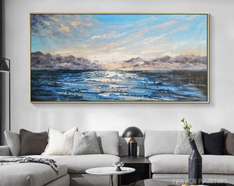 Navy blue ocean Wall Art Seascape Painting Blue  ocean painting Large wall art abstract sunrise wall art abstract ocean living room decor
