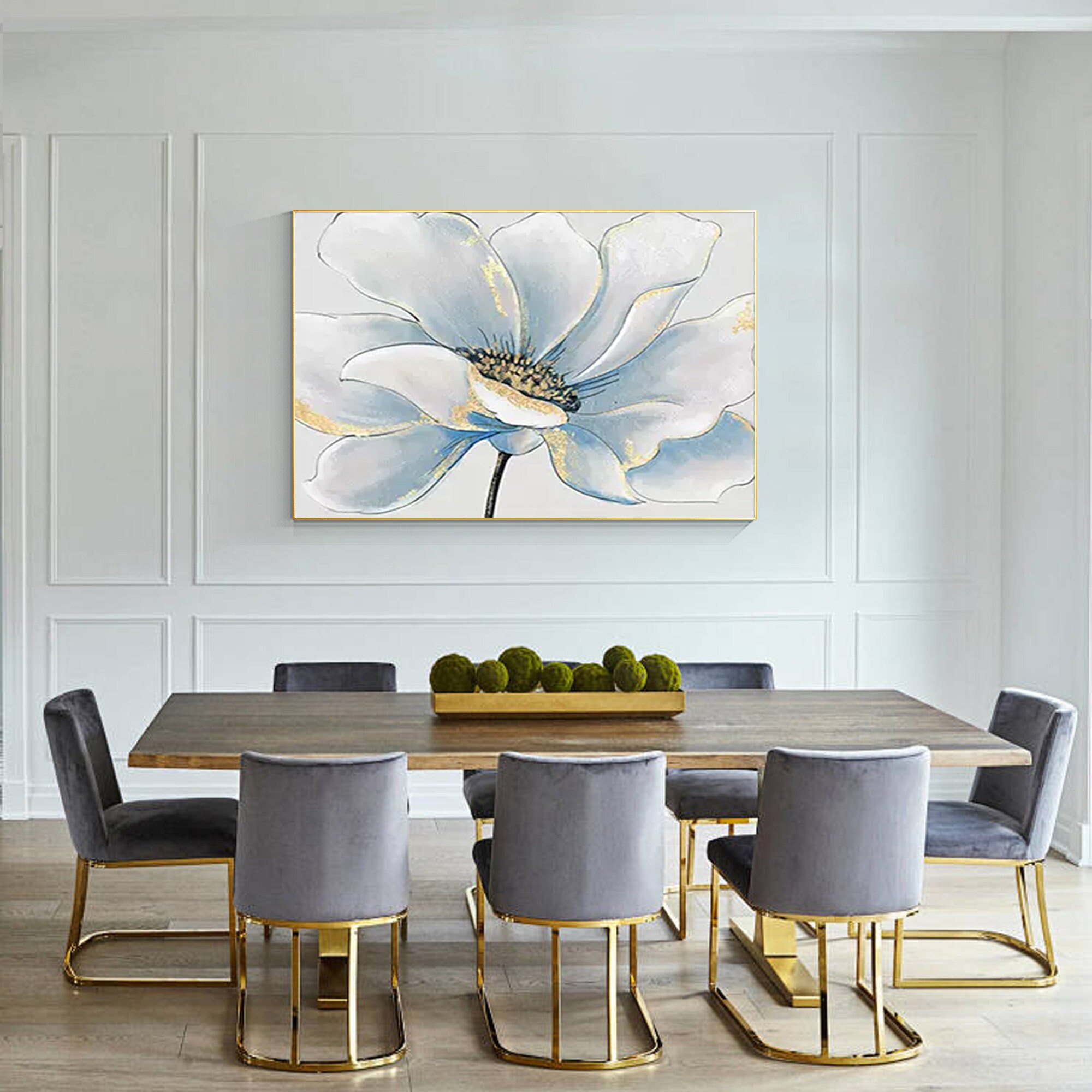 Abstract Blue White Flower Wall Art Grey Floral Paintings on Canvas ...