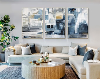 Set of 3 Navy Blue Abstract Painting: Modern Watercolor Canvas Art