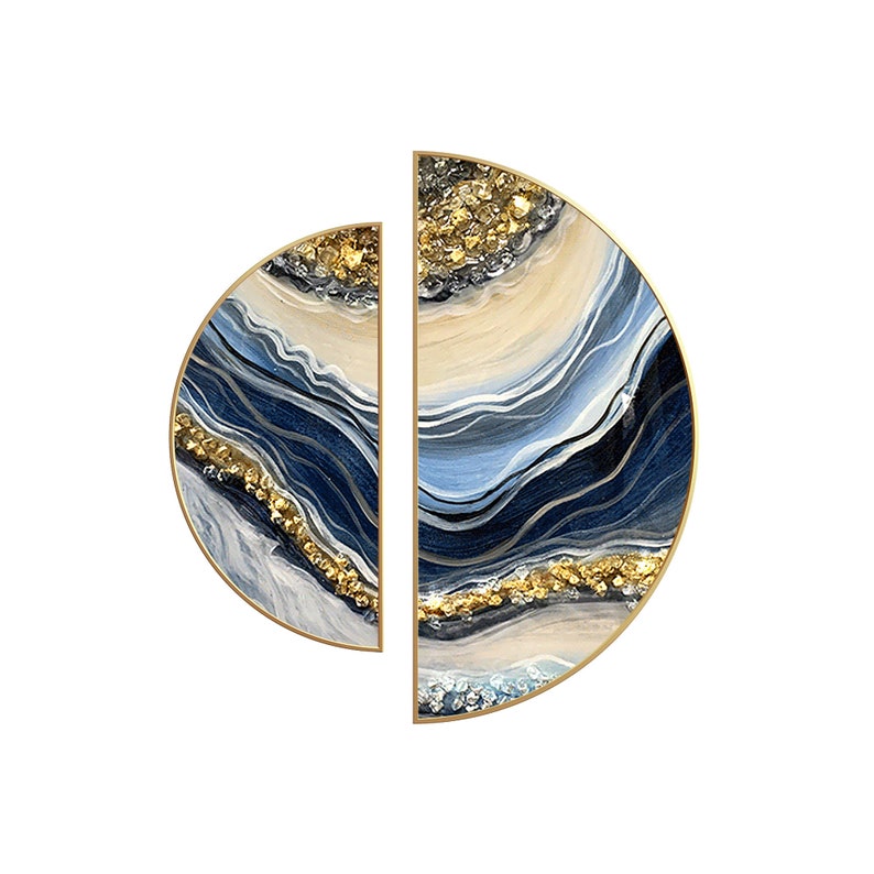 Resin Round Art Set of 2 Framed Wall Art Seascape Waves Abstract Gold Blue Silver Waves epoxy Resin Geode Crystal Half Round wall art 3D image 7