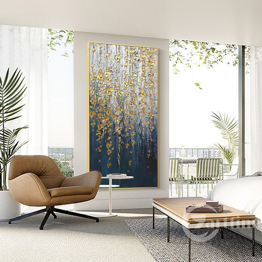 Navy Blue Gold Flower Wall Art Abstract 3D Textured Wall Art Extra ...