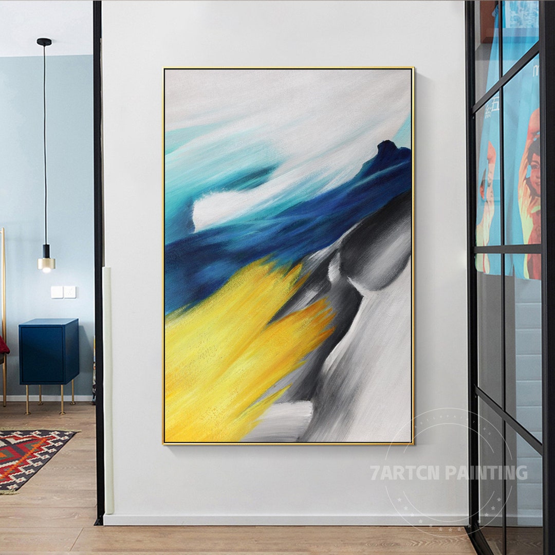 Original Abstract Wall Art Bright Yellow Navy Blue Grey Black and White ...