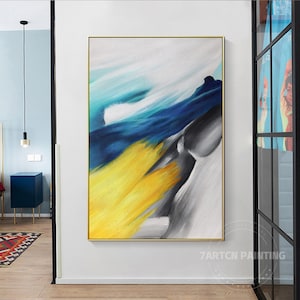 Original Abstract Wall Art Bright Yellow Navy Blue Grey Black and White Cloud painting colorful canvas painting Yellow wall art room decor