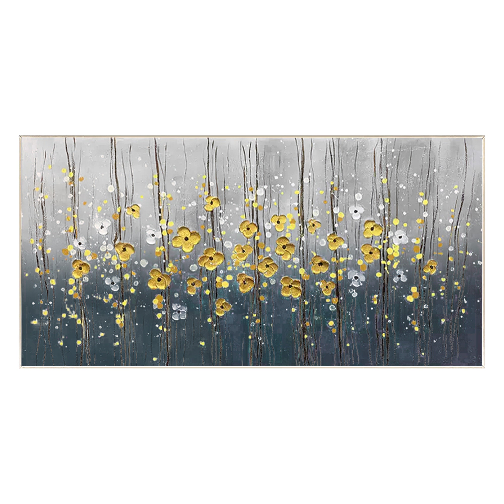 Navy Blue and Gold Flower Abstract Wall Art Floral Painting Long Wall ...
