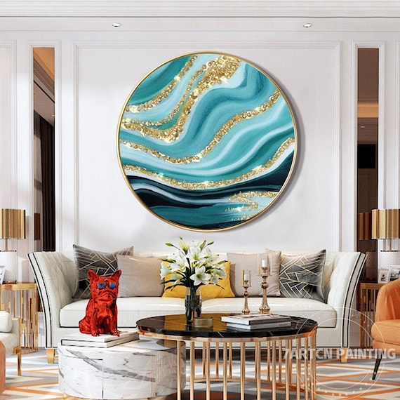Teal and gold abstract painting deals