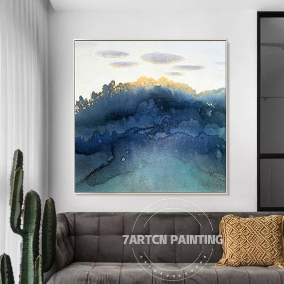 Dark Blue Abstract Landscape on Canvas Framed Large Painting | Etsy