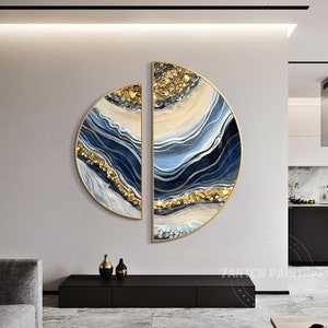 Resin Round Art Set of 2 Framed Wall Art Seascape Waves Abstract Gold Blue Silver Waves epoxy Resin Geode Crystal Half Round wall art 3D image 2