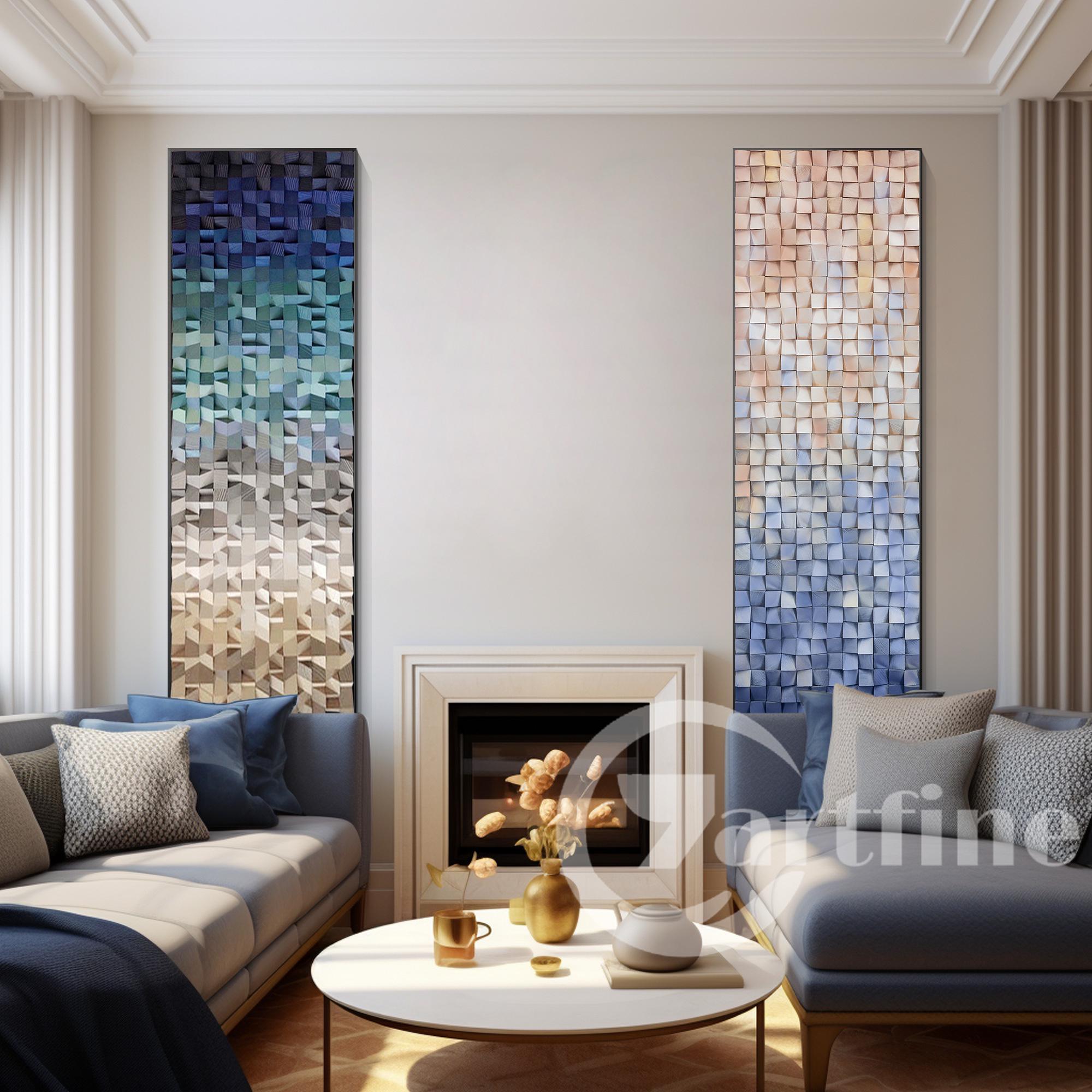 Wood wall art Abstract  Brown Blue wood painting Recyclable wood art set of 2  Mosaic painting Sculpture 3D painting Scandinavian wall art