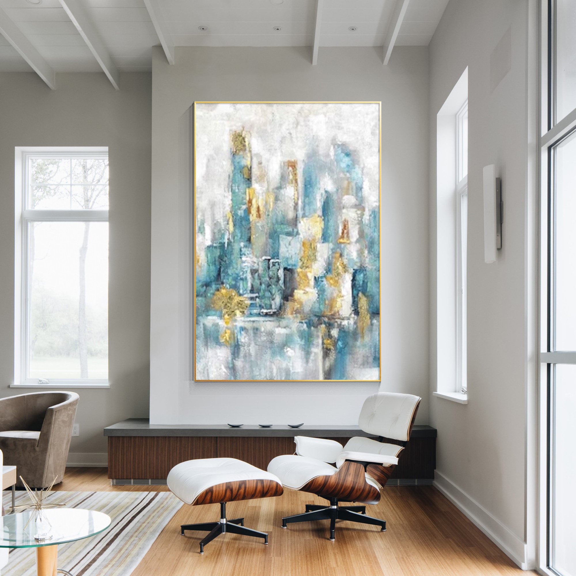 Abstract Blue and Gold Wall Art on Canvas Blue Gray Painting Large Wall ...