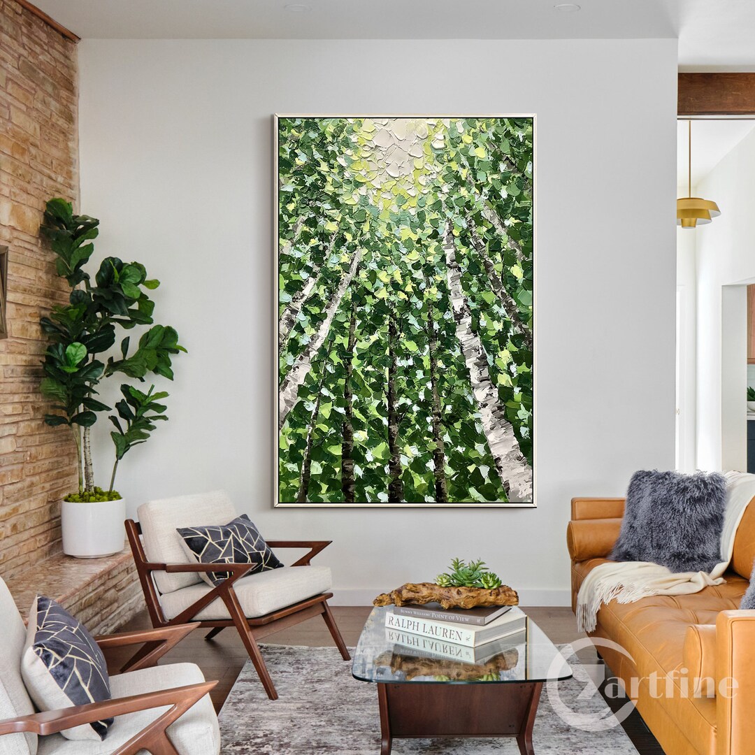 Original Abstract Green Tree Painting, Textured Birch Canvas Art, Large ...