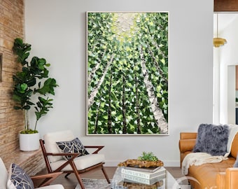 Original Abstract Green Tree Painting, Textured Birch Canvas Art, Large Nature Wall Art, Framed Modern Forest Decor for Living Room