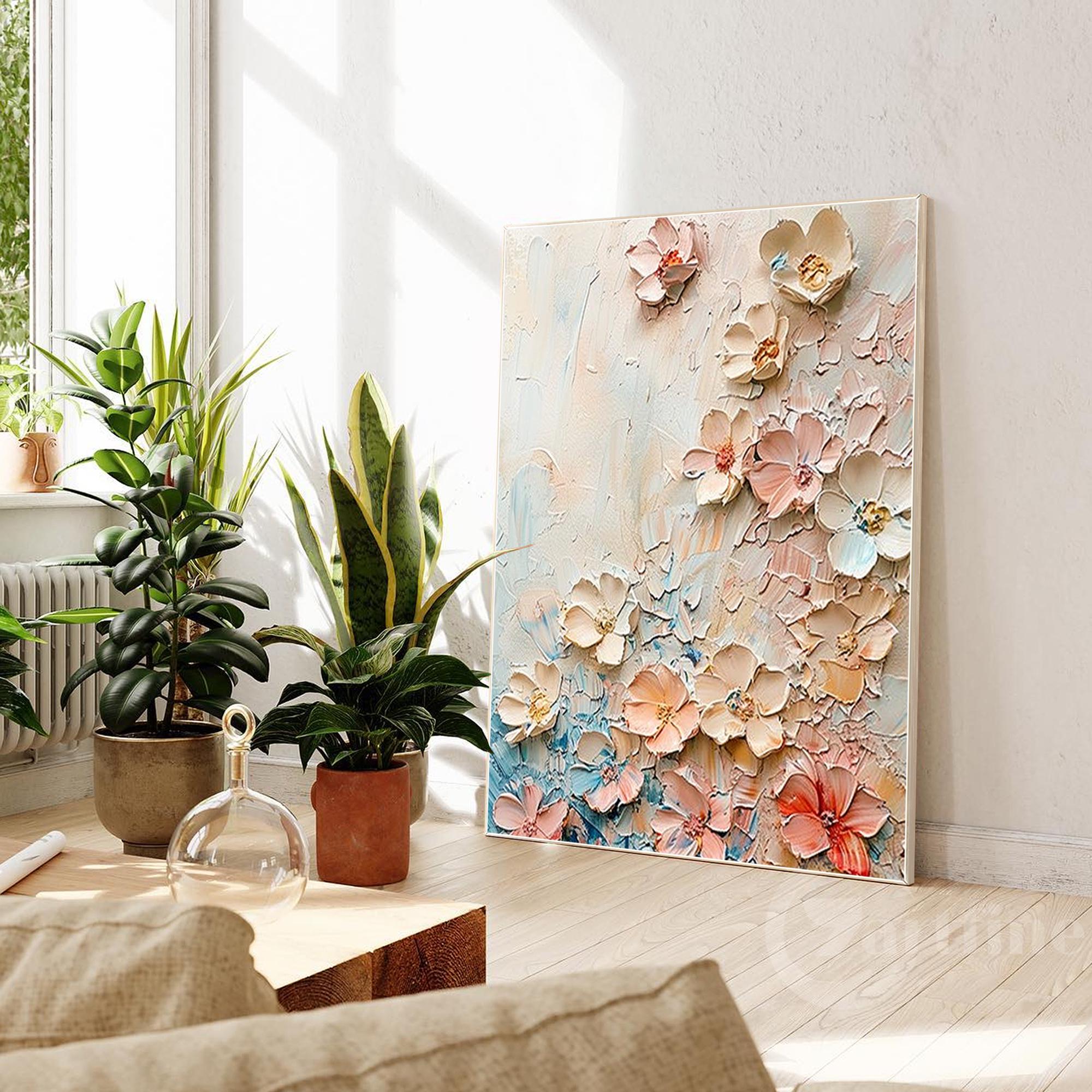 咲き誇るピンクの花の抽象画 テクスチャ加工 特大 3D 花柄 キャンバス