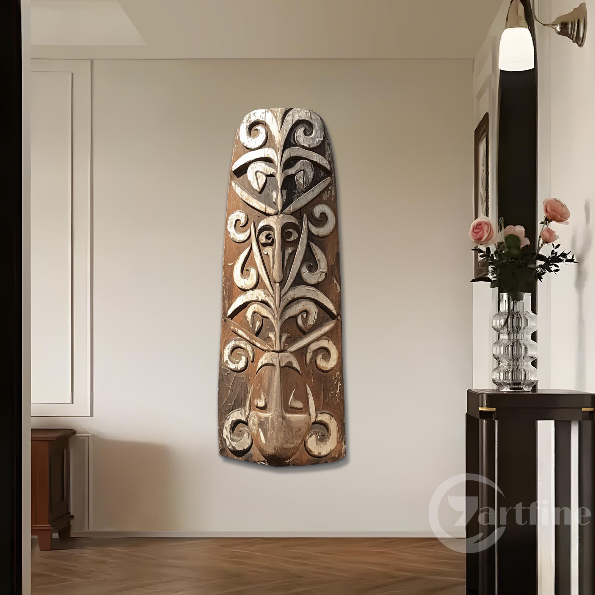 木彫りの壁アート、アスマットの木製盾、彫刻アートブラウン3D