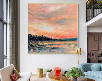 Abstract Sunset Oil Painting: Orange Red Landscape Wall Art