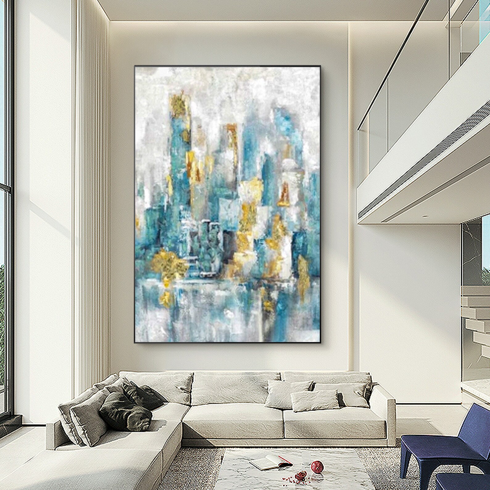 Abstract Blue and Gold Wall Art on Canvas Blue Gray Painting Large Wall ...