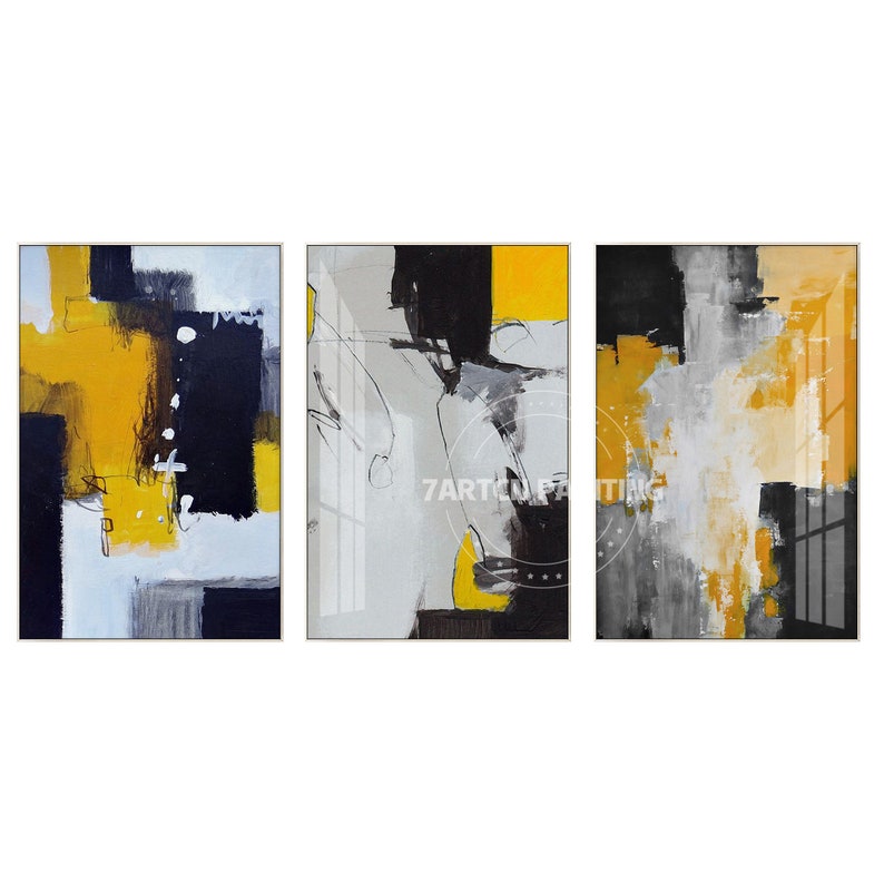 Set of 3 Frame Wall Art Abstract Acrylic Painting on Canvas Black Yellow Color abstract acrylic Large painting Original 3 piece wall art Silver frame