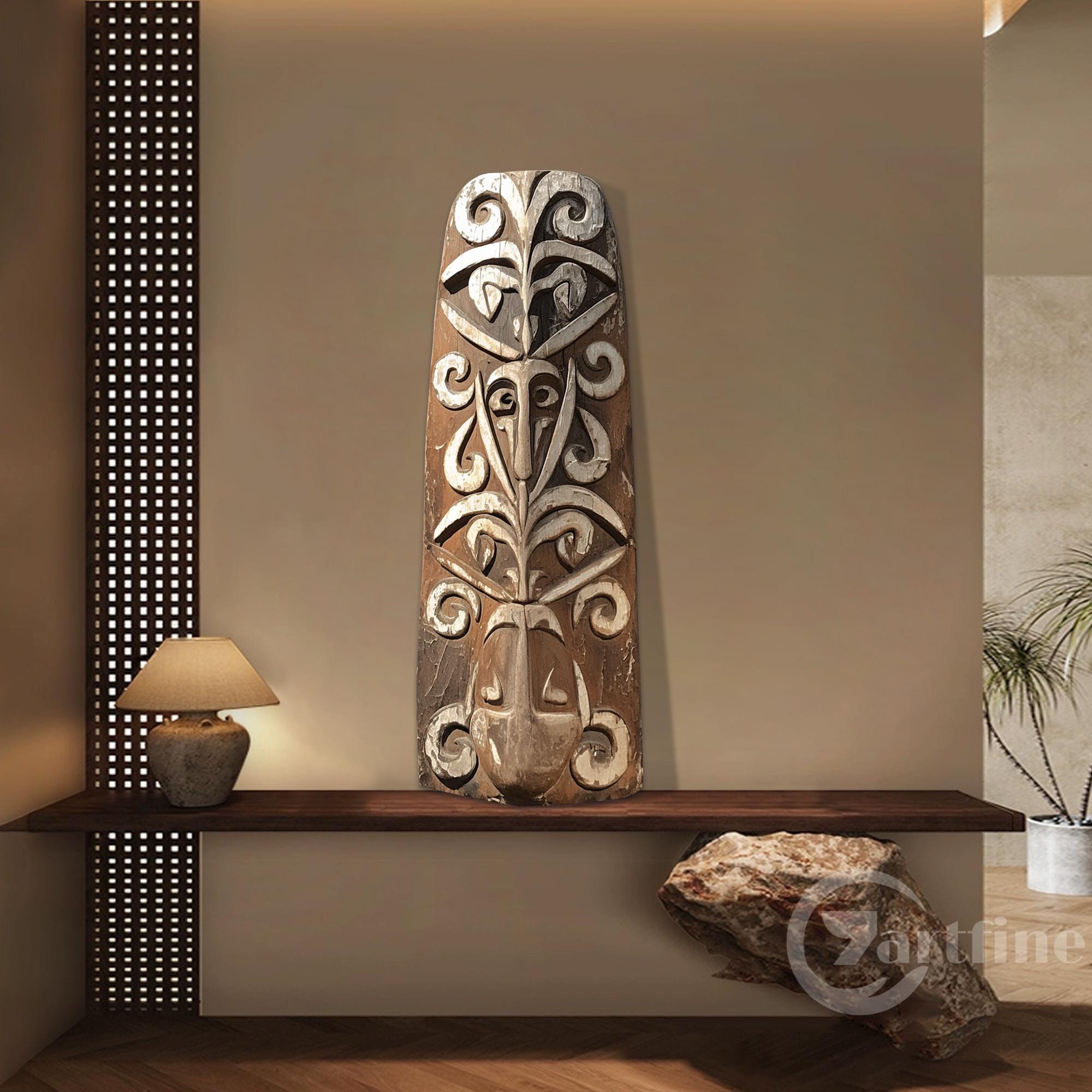 木彫りの壁アート、アスマットの木製盾、彫刻アートブラウン3D
