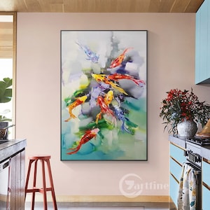 Koi Fish Painting Abstract wall art Framed Fengshui Fish Painting Zeng art Textured Wall Art Extra Large Canvas Wall Art living room decor